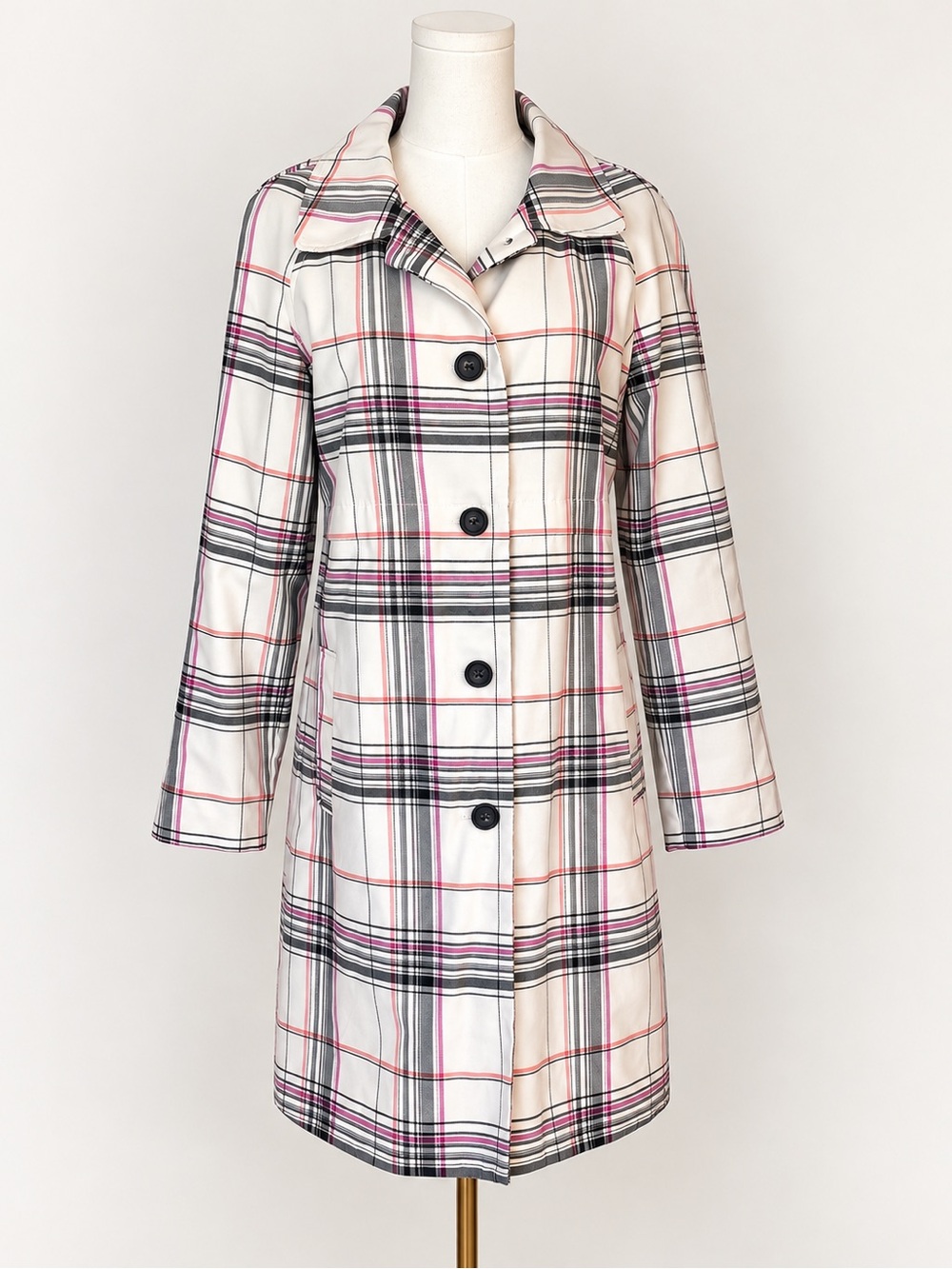 Merona Plaid Trench Coat Women’s L Cream Black Pink Cotton Preppy Classic